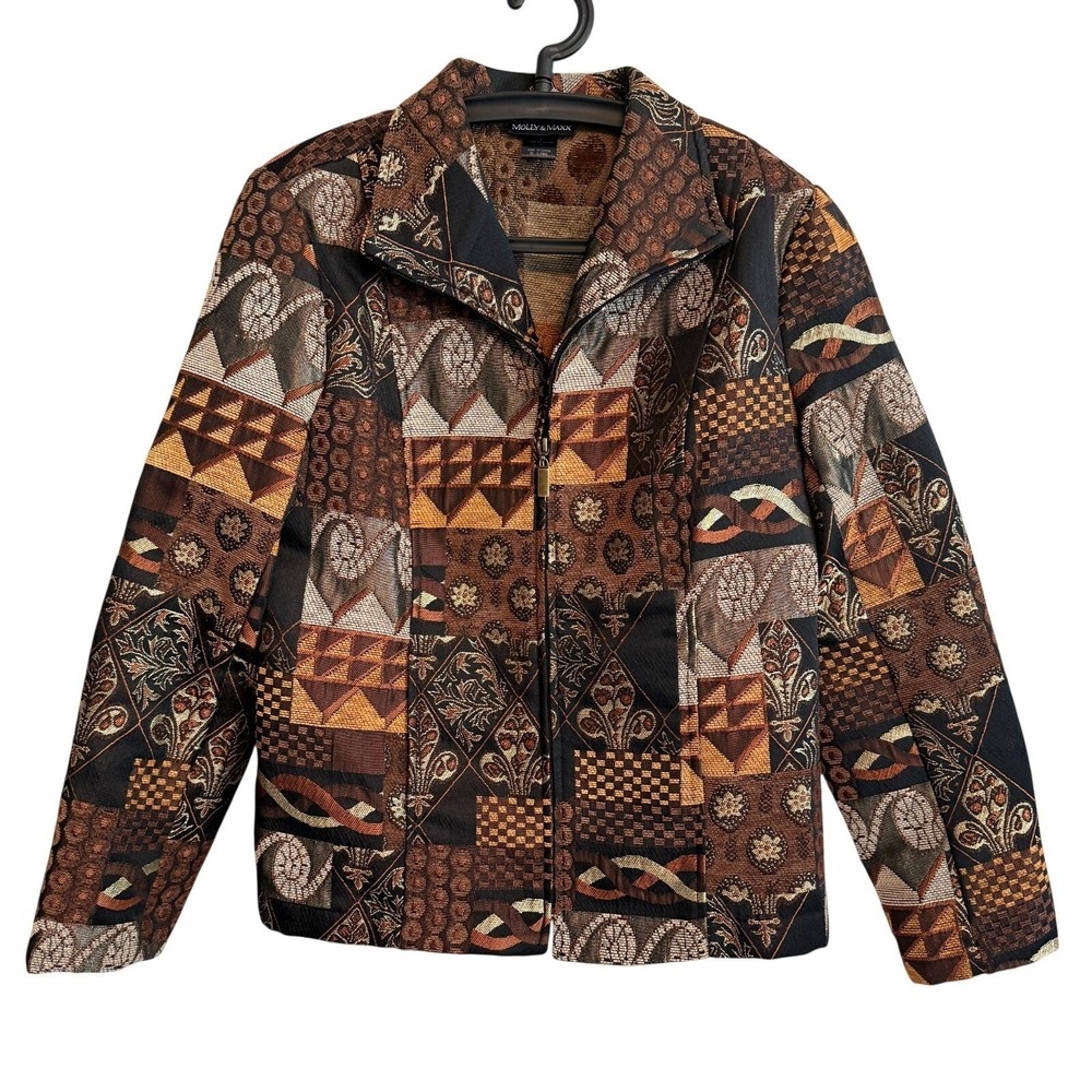 Molly & Maxx Womens Tapestry Patchwork Jacket L Zip Pockets Cottagecore Artsy